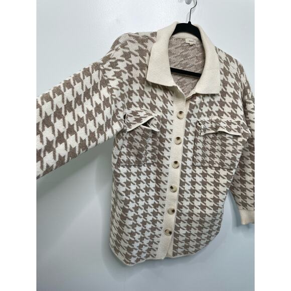 Button Up Houndstooth Cardigan Sweater Long Sleeve Pockets Cream Tan M Granny - Picture 6 of 10